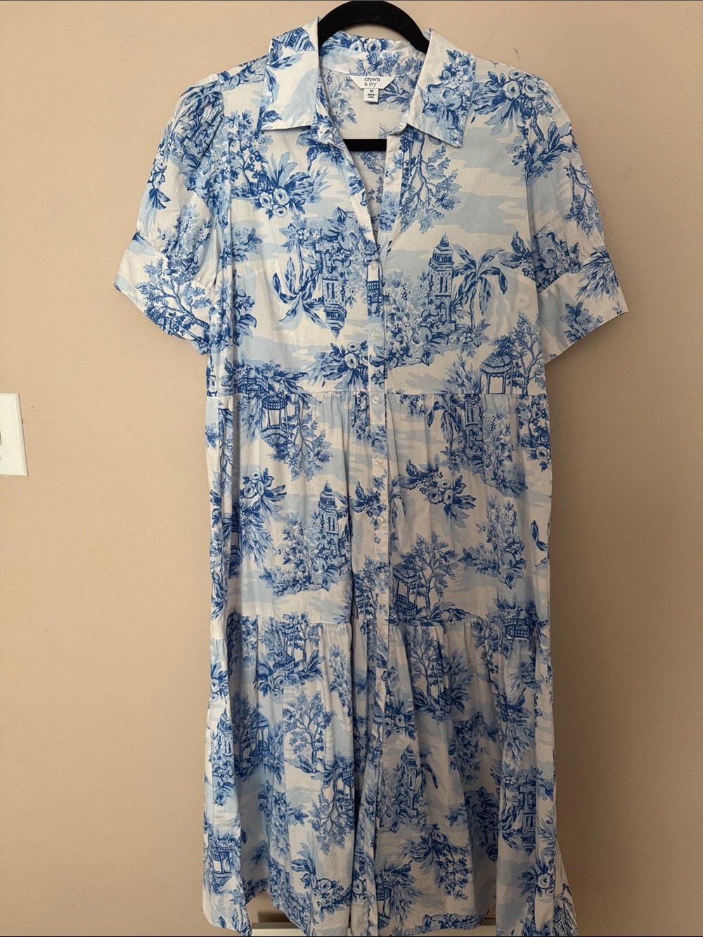 Crown & ivy Blue and White Toile Maxi Shirt Dress